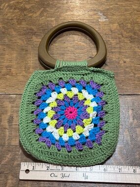 handmade crochet‎ granny square handbag with a wooden handle